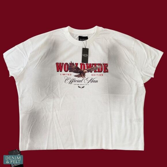 boohooMAN White Worldwide Eagle Graphic Tee Streetwear Retro Vibe Aesthetic NEW - Picture 4 of 9